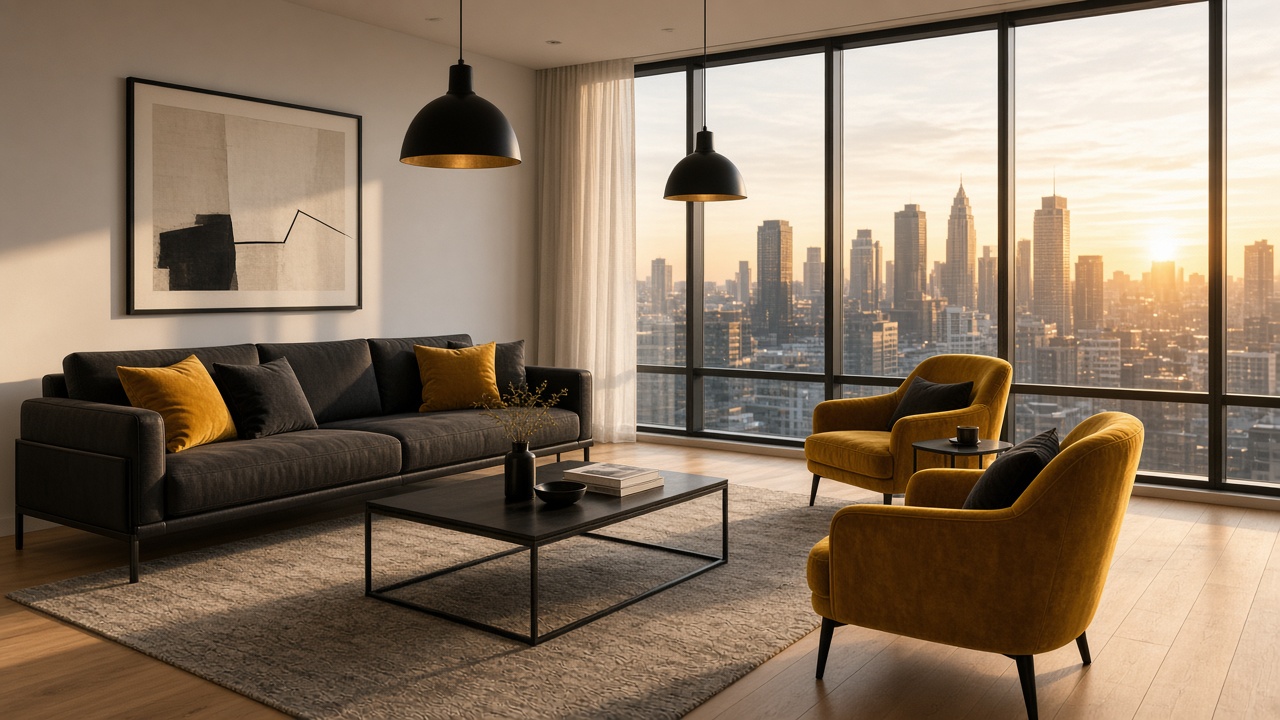 Sala de estar moderna com poltronas amarelas e sofá preto ao pôr do sol